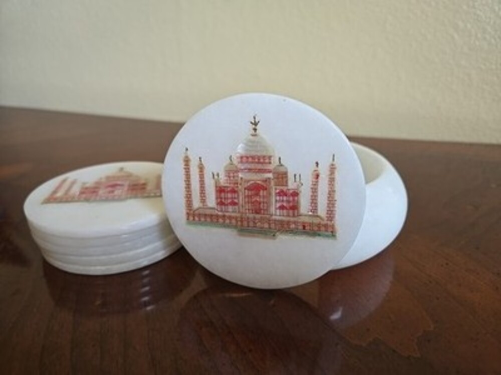 Marble Coasters White Abalone Shell Inlay Taj Mahal Handmade